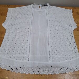 Zara Eyelet Lace Shirt Sz Sm White Scalloped Mock Neck Boho Top Beach Vacation